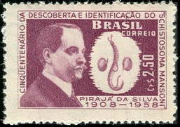 Selo postal em comemoração dos 50 anos de descoberta do parasita. Imagem: Reprodução.