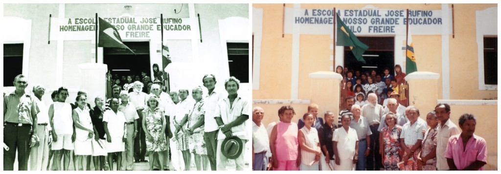 Paulo Freire com a turma de Angicos durante a formatura e trinta anos depois/ Fonte: Acervo Paulo Freire